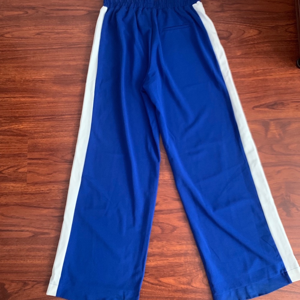 Blue and White Side Stripe Sport Wide Leg Pants - Picture 4 of 5